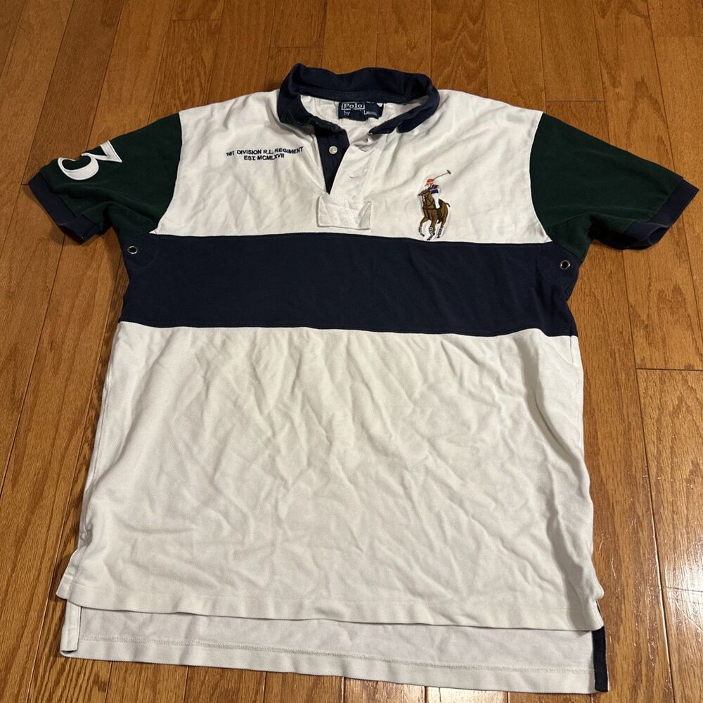 Vintage Ralph Lauren Polo Shirt Big Pony Numbered 90s L White Green Cotton